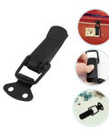 Four Pack Toggle Clamp Latch Kit With Medium Spring Loaded Lock Clips For Doors Windows Cabinets And Lids Built Tough Iron Construction Quick Release Fasteners With Screws Black, showing toggle clamp and usage examples