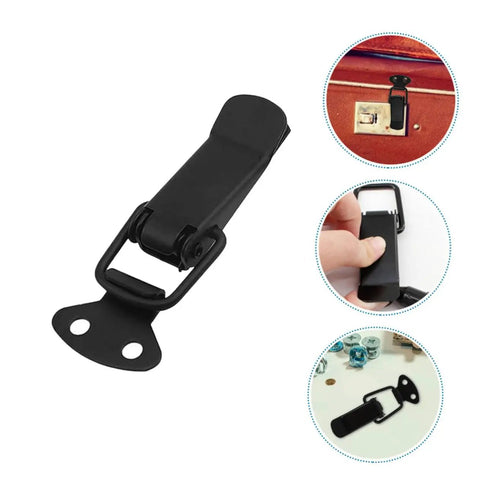 Four Pack Toggle Clamp Latch Kit With Medium Spring Loaded Lock Clips For Doors Windows Cabinets And Lids Built Tough Iron Construction Quick Release Fasteners With Screws Black, showing toggle clamp and usage examples