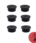 Six black 1-inch rubber cable grommets with cross-shaped slits for desk, TV console or furniture cable pass-through.