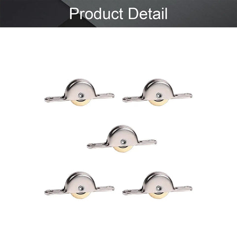Heavy Duty Single Wheel Pulley For Sliding Doors And Windows Rock Solid Stainless Steel Replacement Roller With Slick Glide Hassle Free Track Hardware 5 Pack Gold Silver Tone showing five stainless steel rollers with gold wheels.