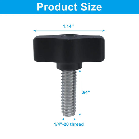 Four Pack Of 1/4 To 20 By 3/4 Inch Stainless Steel Thumb Screws Built Tough With A Knurled Grip And Rust Resistant Coating Offering No Sweat Upgrades For Woodworking Shops Or Machinery Assembly On Demand, showing 1.14" black knob and threaded screw.
