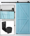 Five And Half Foot Sliding Barn Door Hardware Kit With Adjustable Floor Guide And Top Mount Track in use on blue barn door