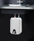 Compact Tankless Water Heater Under Sink For Kitchen Serving Up Right Quick Hot Water With Slick Temp Dial And Snappy 1500W Coil For Hassle Free Washing shown mounted under a kitchen sink.