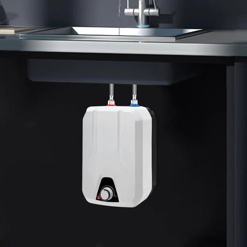 Compact Tankless Water Heater Under Sink For Kitchen Serving Up Right Quick Hot Water With Slick Temp Dial And Snappy 1500W Coil For Hassle Free Washing shown mounted under a kitchen sink.