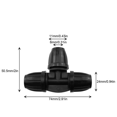 Barbed Tee 4 Pack 3 Way Fitting for Drip Irrigation Tubing 8mm and 11mm Garden Sprinkler System Connector High Impact POM Plastic Durable Locking Design That Won't Slip Under High Pressure
