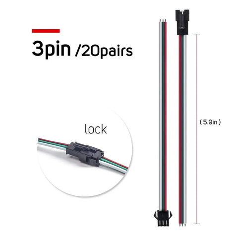 20 Pairs JST SM 3 Pin LED Strip Connectors Kit With 15cm 22AWG Cables For WS2812B WS2811 WS2812 WS2814 SK6812 RGBW LED Strips Male And Female Plugs Solder Free Quick Connect, showing connectors with 5.9in cables
