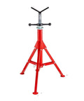 Beefy Heavy Duty Pipe Jack Stand With V Head And 2/4 Ball Transfer Folding Tripod Pipe Support Adjustable 20 To 55 Inches 12 Inch Pipeworking Clamp Tool Stand Rugged Steel Construction Safe Locking Easy Setup red steel tripod pipe stand with V-head and threaded height adjustment