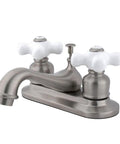 Centerset Lavatory Faucet In Brushed Nickel 4-Inch Center, Sleek Solid Brass Fixture With Porcelain Cross Handles, Low Flow 1.2 GPM At 60 PSI