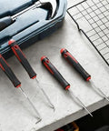 4 Piece Pick And Hook Tool Set For Auto Repair Must Have With 6.5 Inch Length, ergonomic non-slip grips on a workbench