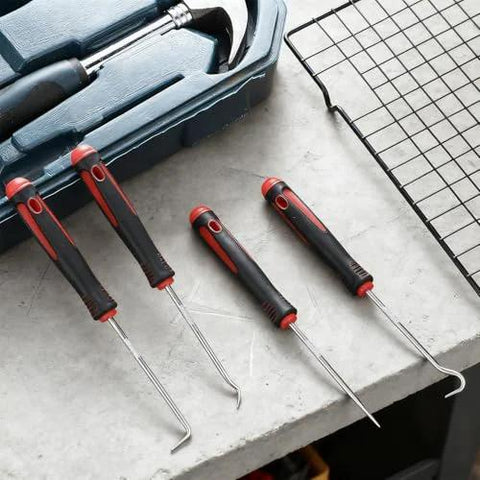 4 Piece Pick And Hook Tool Set For Auto Repair Must Have With 6.5 Inch Length, ergonomic non-slip grips on a workbench
