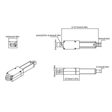 Technical drawing of Compact 12V Mini Electric Linear Actuator With 30mm Stroke 50N Lift Built In Limit Switch Waterproof Design