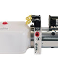 Side view of a 4-Way DC Hydraulic Power Unit With 12V Motor And Built-In Pump For Trucks And Trailers, Compact 0.75 Gallon Poly Reservoir.