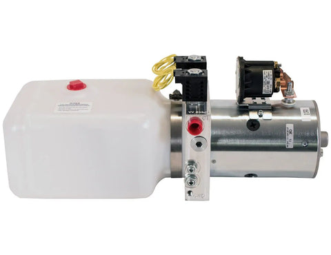 Side view of a 4-Way DC Hydraulic Power Unit With 12V Motor And Built-In Pump For Trucks And Trailers, Compact 0.75 Gallon Poly Reservoir.