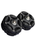 Close-up of pair of black 58mm omni-directional wheels with rubber rollers and metal hub