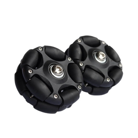 Close-up of pair of black 58mm omni-directional wheels with rubber rollers and metal hub