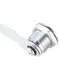 Cam Lock Set Of 4 With Five Eighth Inch Cylinder Length Fits Up To Five Sixteenth Inch Panel Thickness No 4 Cam Keyed Different Zinc Alloy Chrome Plated File Cabinet Locks, side view of a single chrome lock.