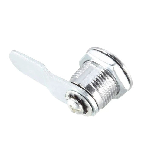 Cam Lock Set Of 4 With Five Eighth Inch Cylinder Length Fits Up To Five Sixteenth Inch Panel Thickness No 4 Cam Keyed Different Zinc Alloy Chrome Plated File Cabinet Locks, side view of a single chrome lock.
