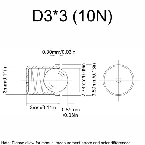 Diagram of D3*3 (10N) stainless steel ball plunger with dimensions for precise mechanical applications.
