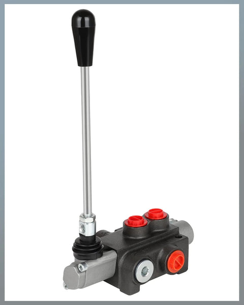 Front view of hydraulic flow control valve with long chrome lever, black knob, and red port caps.
