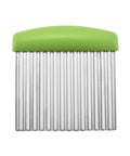 Triangle crinkle cutter with green plastic top and stainless steel blades, front view