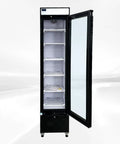 Commercial Upright Showcase Freezer 6.5 Cu Ft Single Glass Door with interior shelves and black steel cabinet.