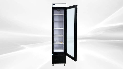 Commercial Upright Showcase Freezer 6.5 Cu Ft Single Glass Door with interior shelves and black steel cabinet.