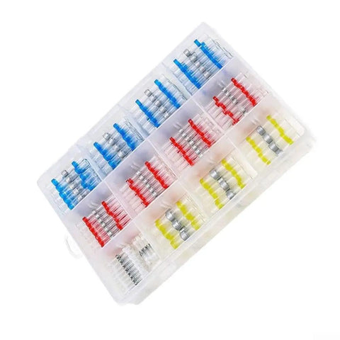 Top Notch 300pc Waterproof Solder Seal Butt Connector Kit With Heat Shrink Terminals For Reliable Automotive And Marine Wire Joints That Stay Dry And Conduct Like A Champ Without The Hassle Of Traditional Soldering For Any Tough Job. clear plastic case with red, blue, yellow solder seal butt connectors
