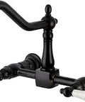 Wall Mount Kitchen Faucet With Porcelain Lever Handle In Oil Rubbed Bronze, 8 Inch Center, 2 Hole Install, Solid Brass, Drip Free Ceramic Disc, 1.8 GPM Flow At 60 PSI, ADA Lever, 9 Inch Spout Reach in solid brass with porcelain handles.