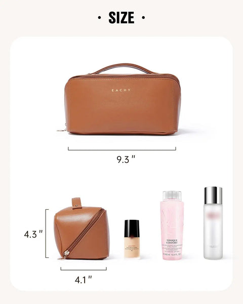 Travel Makeup Bag For Women With Large Capacity, Waterproof Cosmetic Pouch, Brown, Medium, 9.3x4.1x4.3in dimensions, with handle