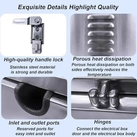 High-quality details of Heavy Duty Stainless Steel EV Charger Cover And Waterproof Lockable Outdoor Enclosure with lock, heat dissipation, inlet, and hinges.