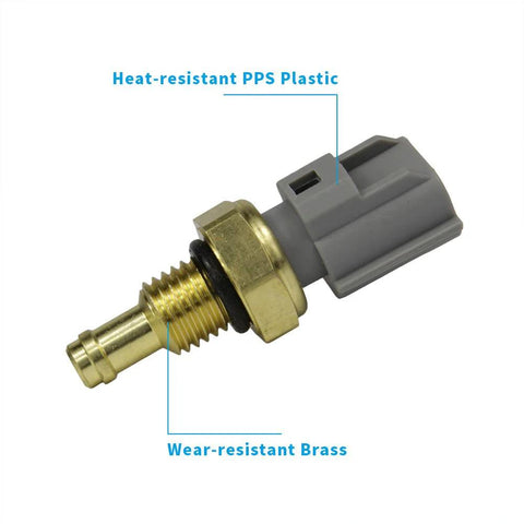 Close-up of a DOICOO coolant temperature sensor with brass threaded probe, O-ring, and gray plastic connector