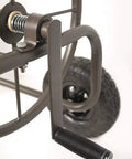 Heavy Duty Four Wheel Hose Reel Cart With 250 Foot Capacity, steel frame close-up showing handle and wheel, Brown Bronze Finish