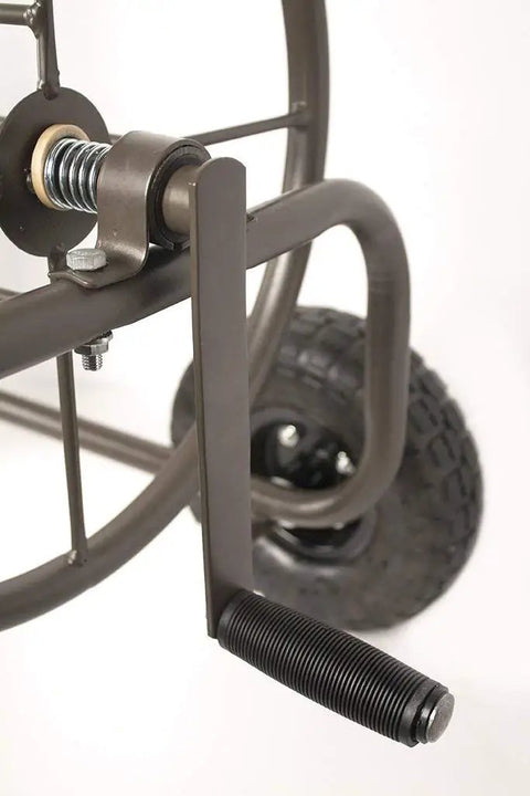 Heavy Duty Four Wheel Hose Reel Cart With 250 Foot Capacity, steel frame close-up showing handle and wheel, Brown Bronze Finish
