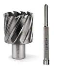 Front view: OSCARBIDE annular cutter with 1-9/16 in diameter and Weldon shank, alongside mag drill bit with pilot pin