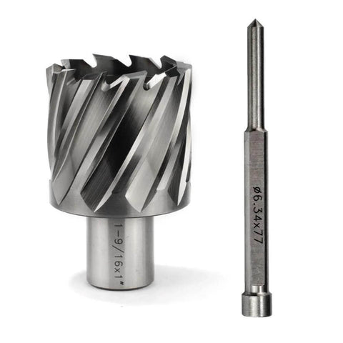 Front view: OSCARBIDE annular cutter with 1-9/16 in diameter and Weldon shank, alongside mag drill bit with pilot pin