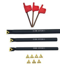 16 Piece Indexable Lathe Turning Tools Bit Set With Boring Bars And Tool Holders 5/16 In 3/8 In 1/2 In Shank Includes TCMT21.51 TCMT110204 Carbide Inserts For Steel And Cast Iron Machining, showing three black tool holders with carbide inserts, four red plastic wrenches, and additional inserts displayed below.
