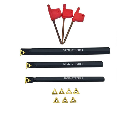 16 Piece Indexable Lathe Turning Tools Bit Set With Boring Bars And Tool Holders 5/16 In 3/8 In 1/2 In Shank Includes TCMT21.51 TCMT110204 Carbide Inserts For Steel And Cast Iron Machining, showing three black tool holders with carbide inserts, four red plastic wrenches, and additional inserts displayed below.