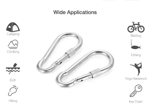 Top Tier 304 Stainless Steel Double Ended Swivel Eye Hook Plus Two M5 Snap Hooks for various activities and uses.