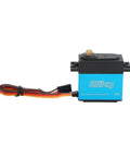 Beefy Digital Servo Featuring Rock Solid Metal Gears And Coreless Motor Waterproof Design Delivers Lightning Quick Response Plus 25 Kilogram Torque For 1 10 Scale Rcs Measuring 40 By 5mm Blue, side view showing gear and wire.