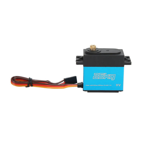 Beefy Digital Servo Featuring Rock Solid Metal Gears And Coreless Motor Waterproof Design Delivers Lightning Quick Response Plus 25 Kilogram Torque For 1 10 Scale Rcs Measuring 40 By 5mm Blue, side view showing gear and wire.