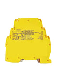 Front view of Surge Protection Device SD32X 20kA 32V SPD for industrial applications, yellow DIN rail module with specifications.