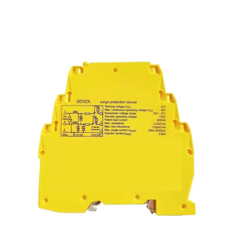 Front view of Surge Protection Device SD32X 20kA 32V SPD for industrial applications, yellow DIN rail module with specifications.