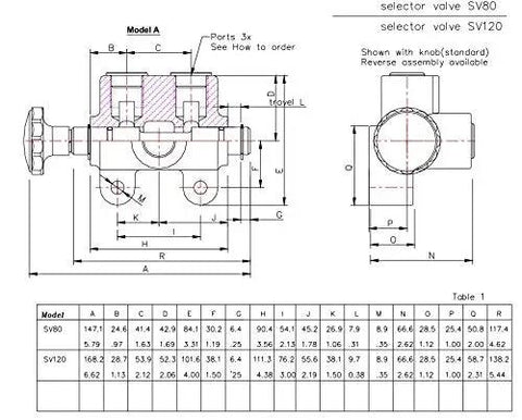 Technical diagram of Heavy Duty Manual Hydraulic Selector Valve Three Way Two Position With 21 GPM Flow Cast Iron Construction