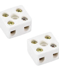 Two white ceramic 2-way terminal blocks with screw terminals; porcelain high-temp connectors