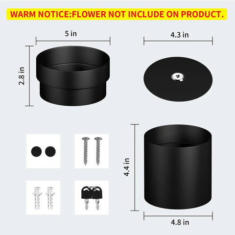 Parts and dimensions of Fire Resistant Steel Flower Pot Stash Safe With Lock Hidden Safe Box Dual Layer Design, black.