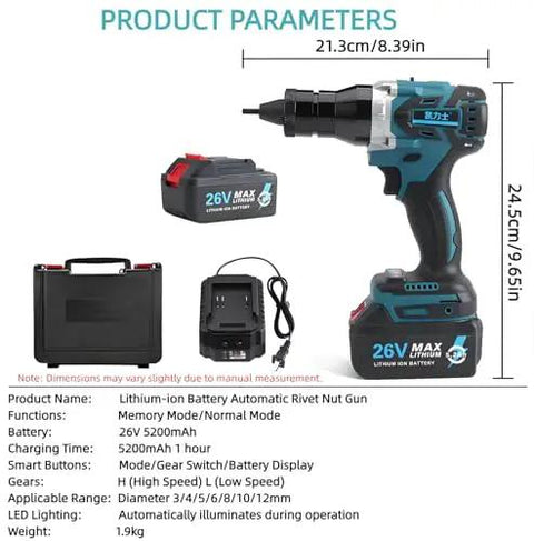 Cordless Electric Rivet Nail Gun, 2 In 1 Rivnut Installer For M3 To M12 Bolt Sizes, with 26V battery and case.
