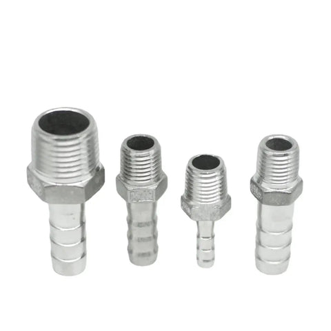 Heavy Duty Stainless Steel NPT Male Hose Barb Pipe Fitting Connector Kit, 1 Eighth To 2 Inch NPT Sizes, adapters shown