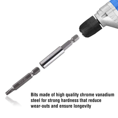 208 Piece Screwdriver Bit Set With Security Bits shown with drill and quick release extension