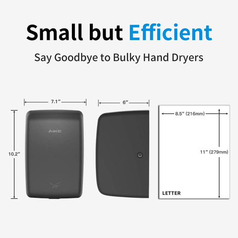 Dimensions of UL Approved Compact Jet Hand Dryer For High Traffic Restrooms 1350W 120V Matte Black Built Tough