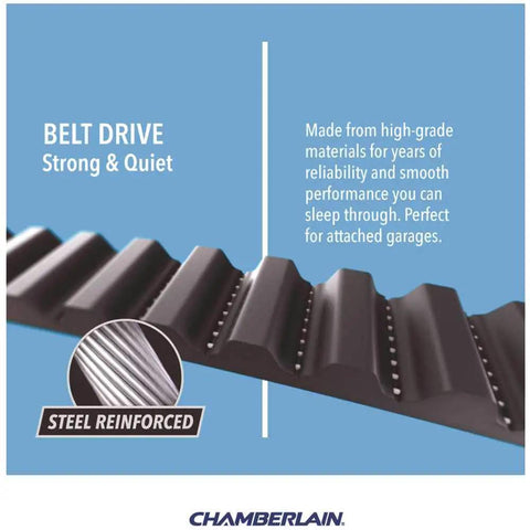 Smart Garage Door Opener With Emergency Battery Backup And Slick Smartphone Sync Featuring Ultra Quiet Belt Drive close-up of steel reinforced belt drive.